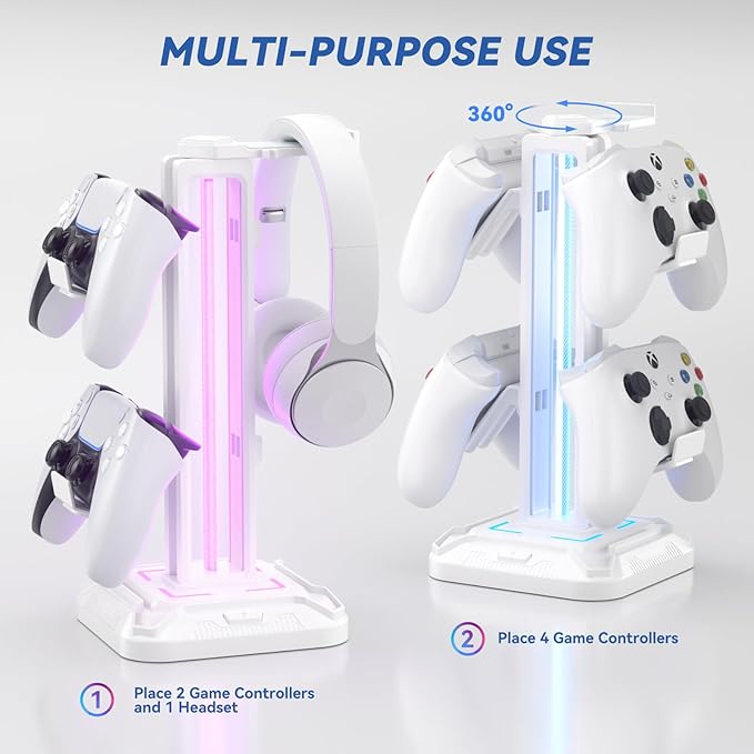 KDD RGB Headset Stand with 9 Light Modes - Controller Holder for Desk - Rotatable Headphone Stand & Detachable Controller Hook for PC Earphone Accessories(White)