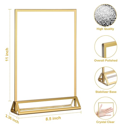 EHWINE 14 Pack 8.5×11 Clear Acrylic Sign Holder with Gold Borders and Vertical Stand, Double Sided Table Menu Holders Picture Frames for Wedding Table Numbers, Restaurant Signs, Photos and Art Display