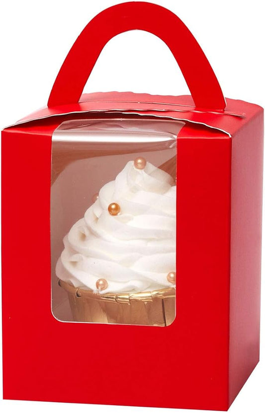 qiqee Red Cupcake Boxes Individual Cupcake Holders Disposable 50pcs Single Cupcake Boxes with Window 3.6 * 3.6 * 4.3inch Cupcake Containers