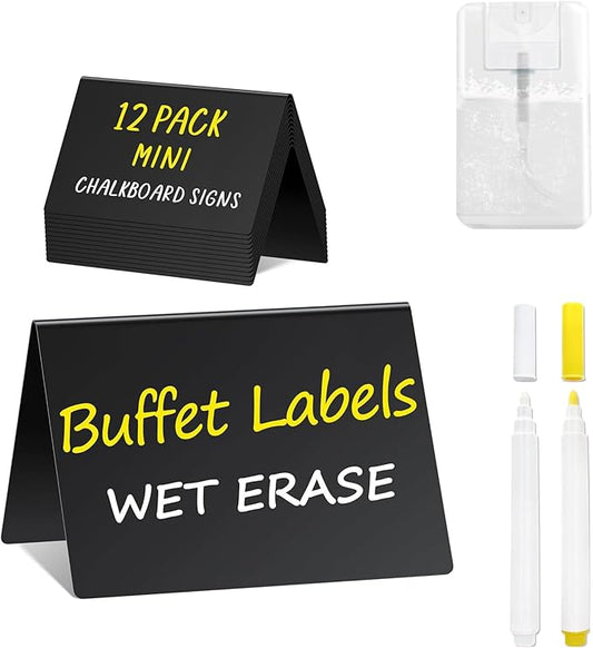 PigPotParty 4"x3" Mini Chalkboard Signs for Food, 12 Pcs Food Signs for Party Buffet, Small Chalk Board Food Labels, Table Place Cards, Wedding - Bakery - Birthday, Includes 2 Wet Erase Markers
