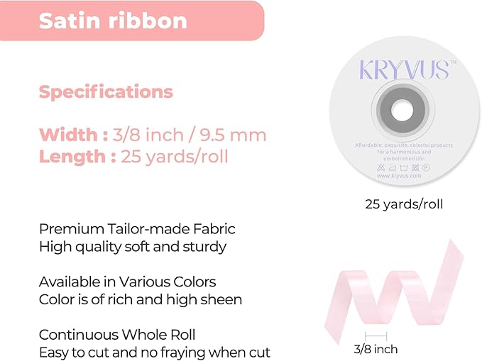 Baby Pink Satin Ribbon 3/8 inch X Continuous 25 Yards, Single Face Polyester Ribbon Perfect for Gift Wrapping, Flower Bouquet, Wedding Decor, Crafts, Bow Making, Sewing and More