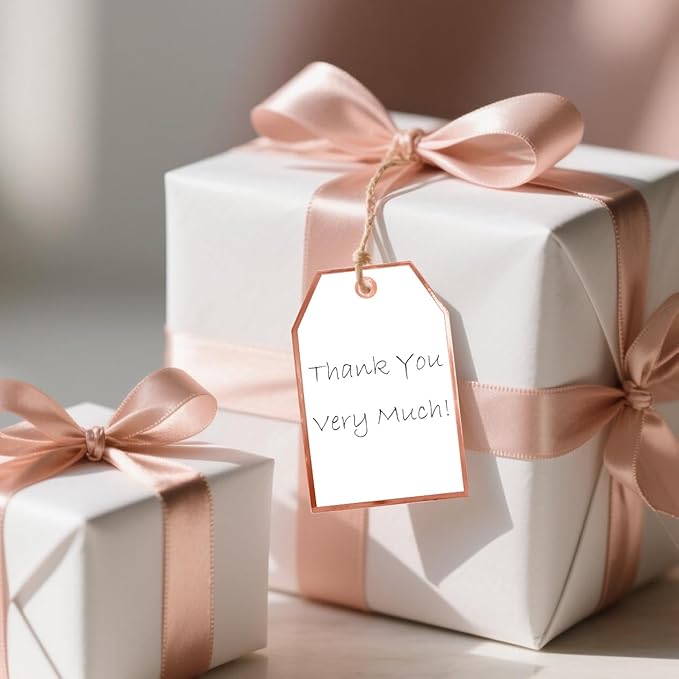 100Pcs Blank Gift Tags with String Attached Foil Rose Gold Frame Large White Paper Gift Tags Presents with 65 Ft Jute Twine for Birthday Wedding Baby Shower Graduation Gift Wrap Tag