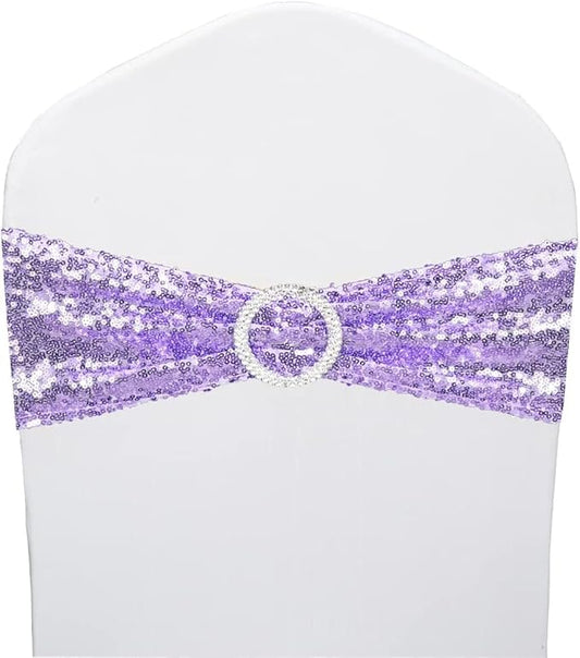50 Pcs Sequin Chair Sashes Stretch Chair Bands Spandex Polyester Bows for Party Hotel Wedding Banquets Decoration - Lavender