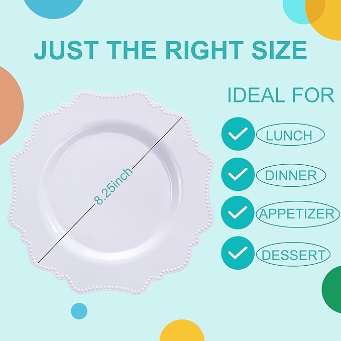 COLOSUS 100pcs 7.5 Inch White Plastic Dessert Plates,Heavy Duty Disposable Appetizer Plates,Premium Plastic Salad Plate,Fancy Disposable Cake Plate for Party, Wedding and Everyday Use