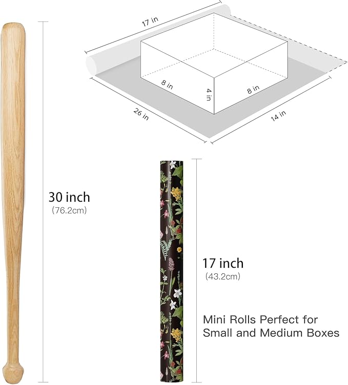 RUSPEPA Wild Flower Wrapping Paper Roll for Women Girls, Mini Roll, Elegant Black Floral Design Gift Wrap Paper Perfect for Birthday, Bridal Shower, Spring, Wedding, Mother's Day, 17 Inch x 16.4 Feet