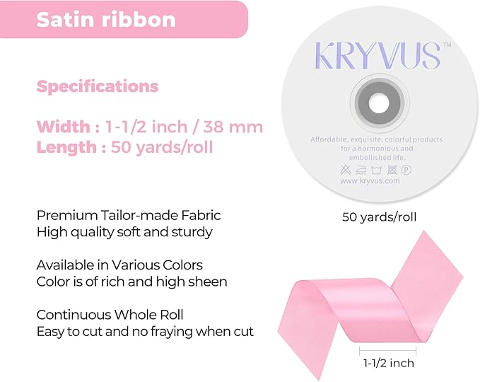 Rose Pink Satin Ribbon 1-1/2 inch X Continuous 50 Yards, Single Face Polyester Ribbon Perfect for Gift Wrapping, Flower Bouquet, Wedding Decor, Crafts, Bow Making, Sewing and More