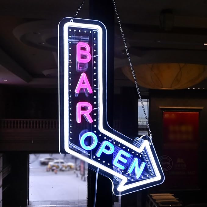Planzo Bar Open Neon Signs for Business LED Light Up Open Beer Sign Wall Decor for Home Pub Cafe Man Cave Club Cocktails Coffee Bistro Hotel Party Window Indoor USB Powered Dimmable White Pink Blue