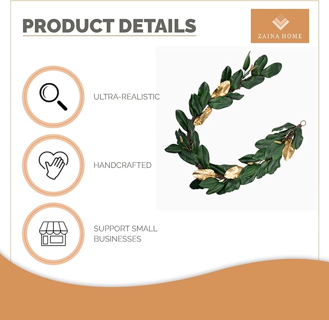 Green & Gold Magnolia Garland, 6ft Magnolia Leaf Christmas, Handmade Magnolia Christmas Decor with Faux Magnolia Leaves, Perfect Garland for Mantle & Holiday Decorations