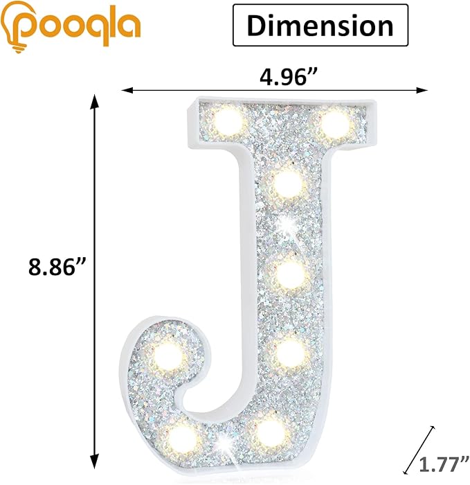 Pooqla Light Up Letters, LED Marquee Letters for Silver Birthday Decorations, Battery Powered Night Light Teenager Girl Room Decor, Gift for Girls Boys Wedding Bedroom Christmas Party Decor, Letter J