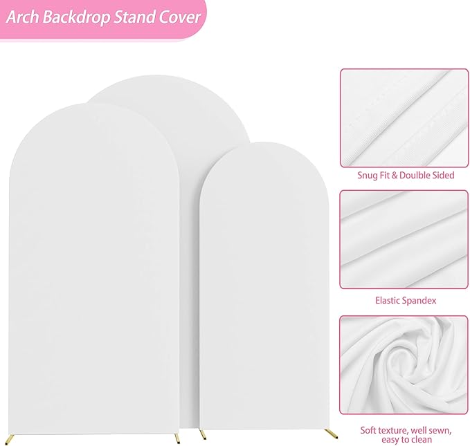 Fomcet Set of 3 Wedding Arch Cover 6FT, 6.6FT, 7.2FT White 2-Sided Round Top Spandex Arch Backdrop Cover Fitted Fabric for Birthday Party Baby Shower Wedding Arch Stand Decoration