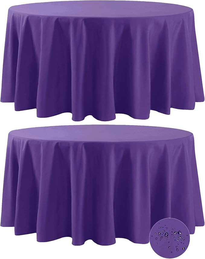 Fokitut 2 Pack Waterproof Round Tablecloth, 132 Inch, Stain Resistant and Wrinkle Polyester Table Cloth, Fabric Table Cover for Kitchen Dining, Wedding, Party, Holiday Dinner-Purple