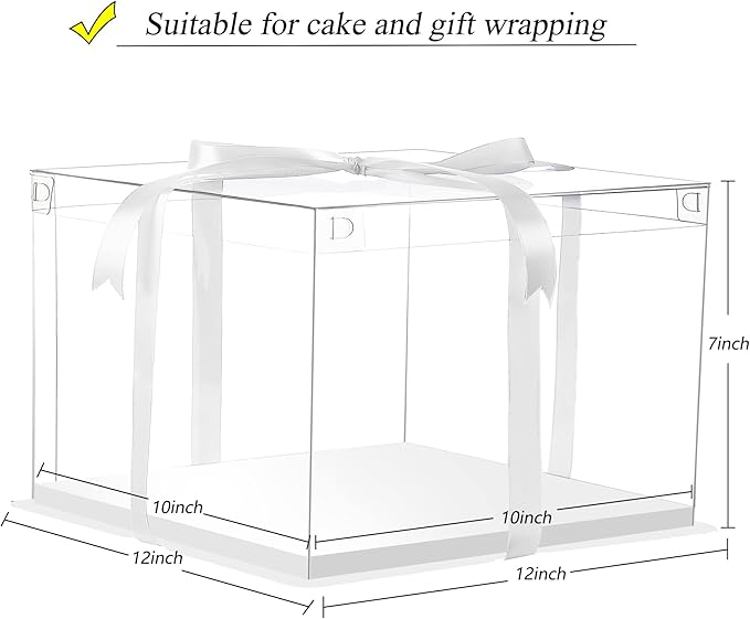 12X12X7inch Clear cake Boxes,Cake Carrier,Disposable Cake Containers, Large Cake box with Ribbon, Ideal for Large 10and 12Inch Cake carry,transparent cake box for birthday Party wedding -White