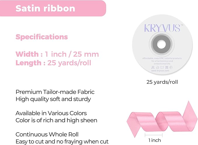 Rose Pink Satin Ribbon 1 inch X Continuous 25 Yards, Single Face Polyester Ribbon Perfect for Gift Wrapping, Flower Bouquet, Wedding Decor, Crafts, Bow Making, Sewing and More