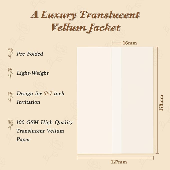 30 Pack Pre-Folded Vellum Jackets for 5x7 Invitations, Translucent Vellum Paper 5x7 Jackets, 100GSM Wedding Invitations Wraps, Envelope Liners for Birthdays, Baby Showers