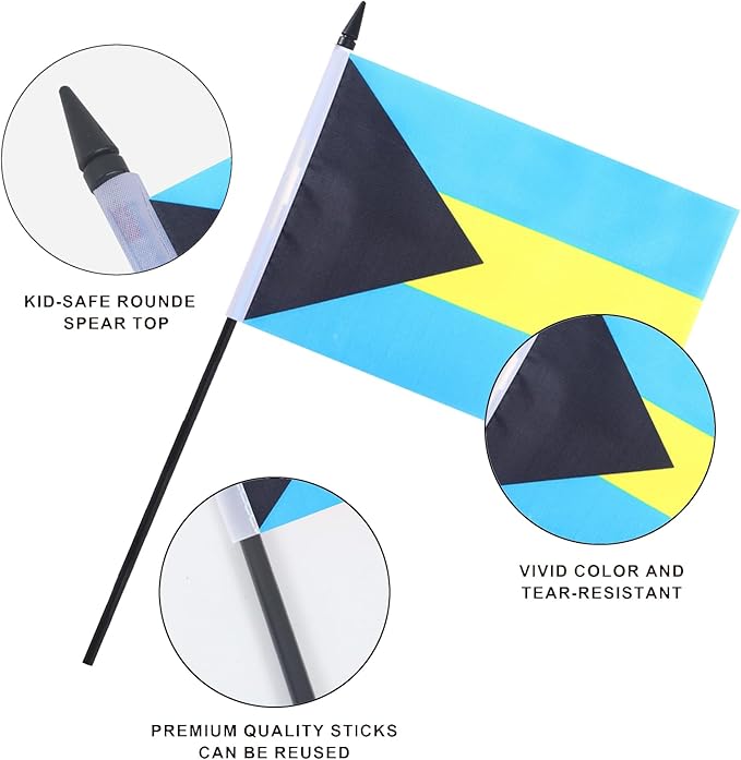 Bahamas Desk Flag 12" Solid Pole Deluxe Set Bahamian Flags Banner Mini Small Bahamas Office Table Flags with Black Stand Base Desktop Decorations(2Pack)