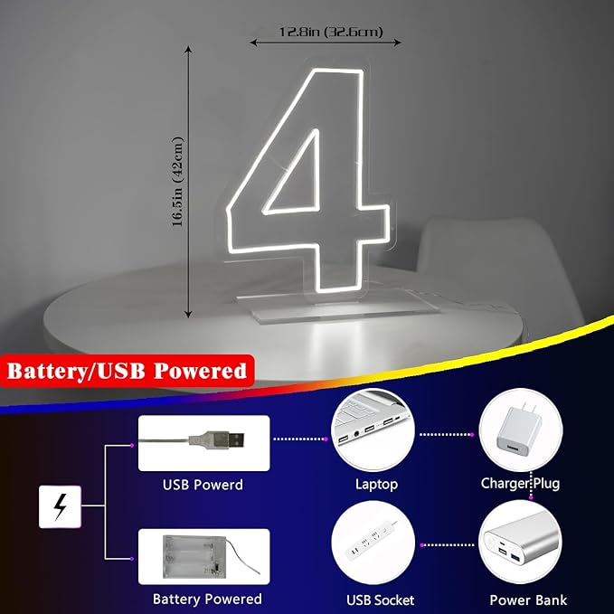 Number 4 Neon Sign for Birthday, 16.54" Cool White USB Battery Powered One Neon Sign for Party Wedding Anniversary Decor Light Sign (Number 4)