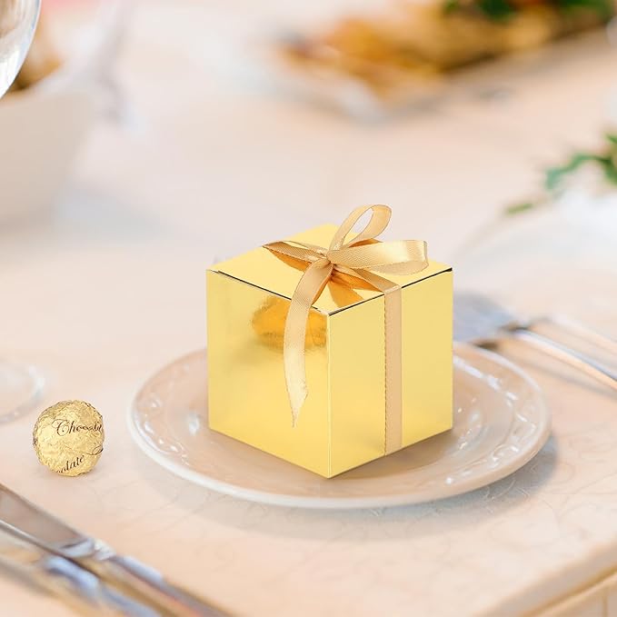 EUSOAR Small Gift Boxes with Lids, 30pcs 3x3x3 Inches Gold Boxes Small Treat Box with Ribbons, Cube Candy Box Mini Muffins Macaron Container for Wedding Birthday Party Advent Calendar DIY Supplies