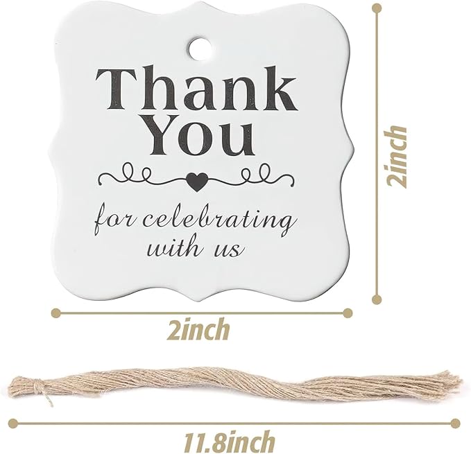 SallyFashion 150 PCS Thank You White Gift Tags with String, 2 x 3 Inches Paper Gift Tags for Party Favors Weddings, Bridal and Baby Showers Birthdays
