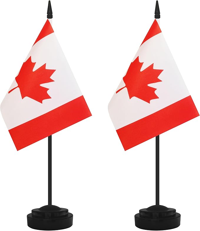 2 Pack Canada Desk Flag Set, Canadian Desktop Small Miniature Table Office Flag with 12" Black Pole and Black Base, Offices, Classroom, Home, Festival Decoration (Canada)