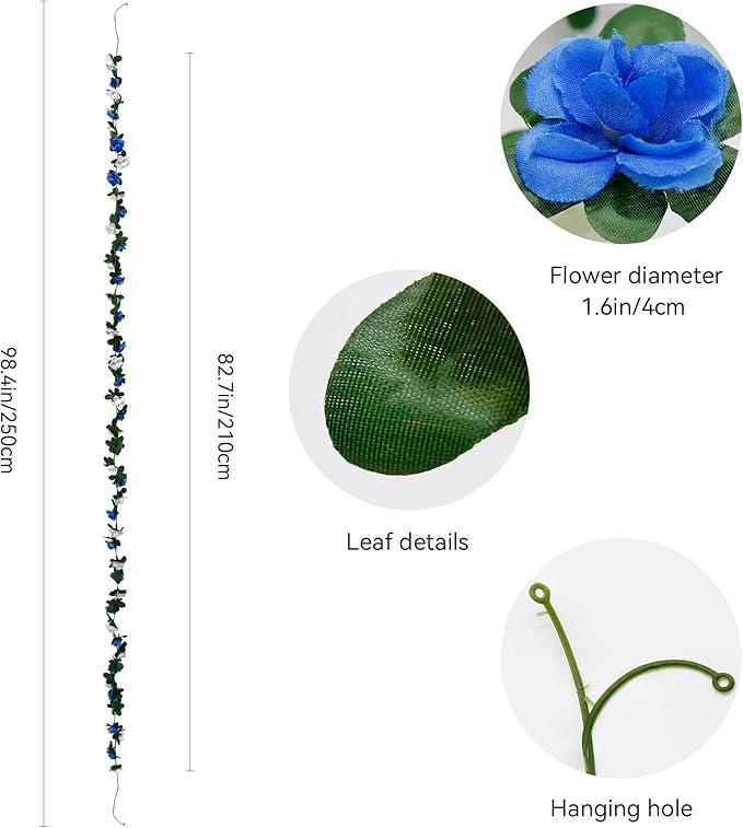 12 PCS 98.4 FT Artificial Flower Garland Rose Garland for Wedding Room Decor（12,Blue）