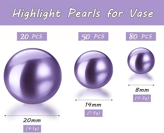 150Pcs Light Purple Polished No Hole Faux Pearl Beads for Vase Filling Decorations, Plastic Pearls Vase Fillers, Table Scatters, Wedding Centerpiece, Home Decor, 8/14/20 mm