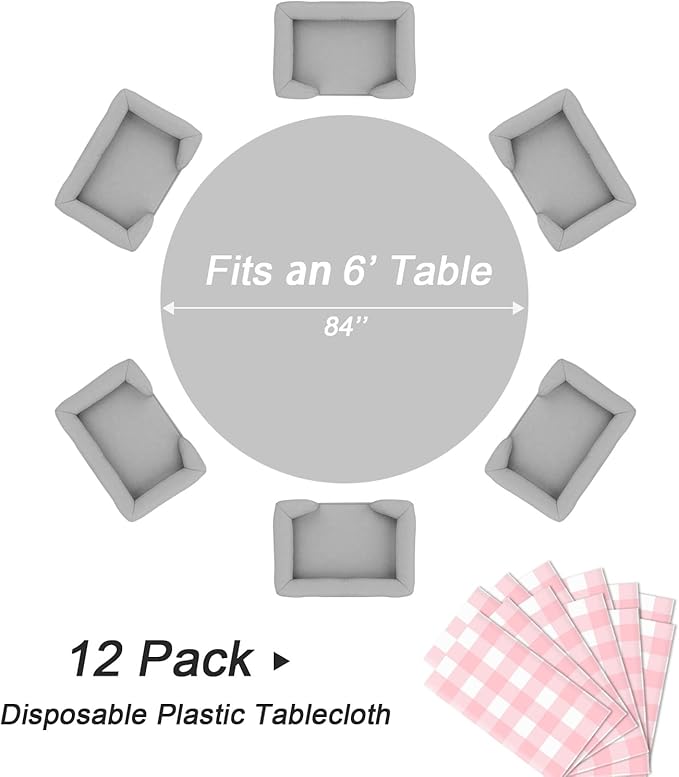 QIKSION Pink Gingham Round Tablecloth 12 Pack, 84 Inch Plastic Checkered Table Cover Disposable for Parties