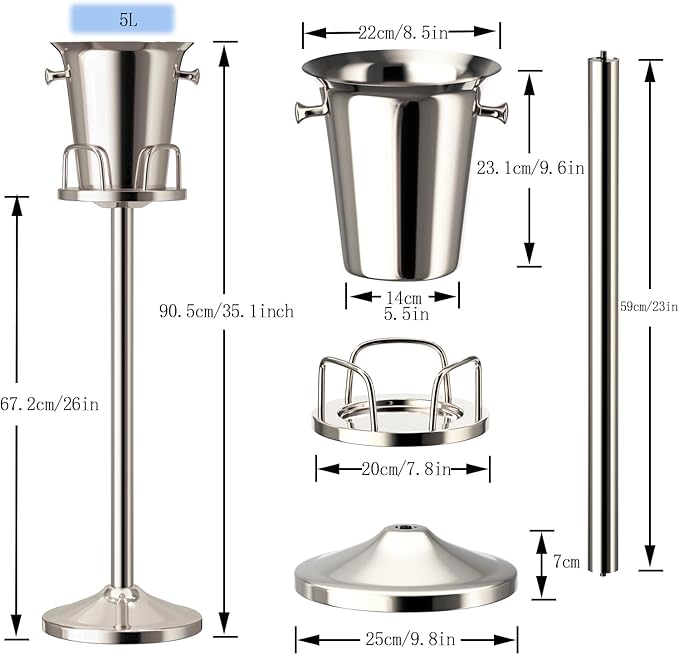 Ice Bucket with Stand Standing Champagne bucket for Party Stainless Steel Wine Bucket Wine Cooler with Stand 5L Wine Chiller for Bar Ktv Weding (silver)