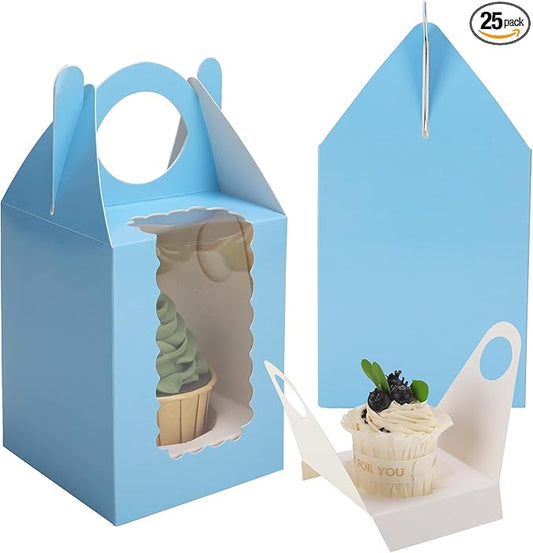 Individual Cupcake Boxes 4x4x5 Inches Disposable Pastry Tray Boxes, With Window Insert and Handle, Perfect for Parties, Birthdays, Bakery Wrapping and Events Containers (Blue-25Pack)