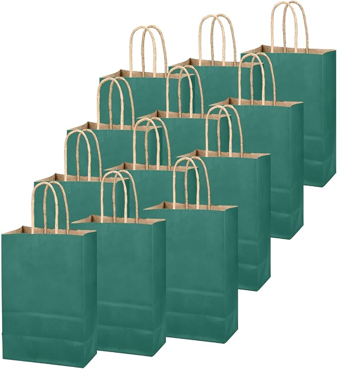 qiqee Peacock Green Gift Bag with Handles Bulk 24Pcs Paper Bags -8.3"x6"x3. 15" Party Favor Bags - Solid Color