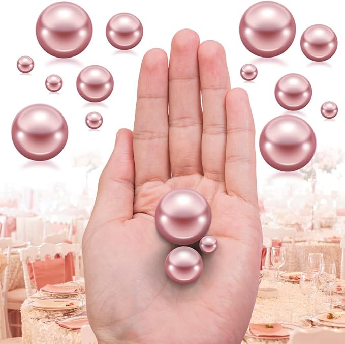 300Pcs Rose Gold Polished No Hole Faux Pearl Beads for Vase Filling Decorations, Plastic Pearls Vase Fillers, Table Scatters, Wedding Centerpiece, Home Decor, 8/14/20 mm