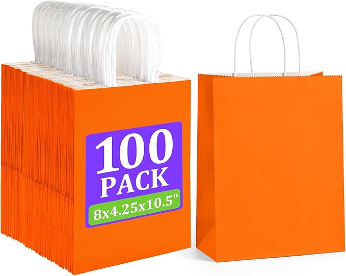 BagDream 8x4.25x10.5 Inch 100Pcs Orange Gift Bags Medium Size, Kraft Paper Bags with Handles Bulk for Halloween, Sporting Party Favors, Fall Festivals, Wedding, Retail, Grocery