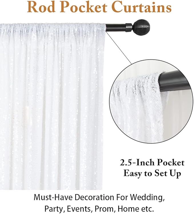ShinyBeauty Sequin Curtains 2 Panels White 2FTx8FT Sequin Photo Backdrop White Sequin Backdrop Curtain Pack of 2-1011E