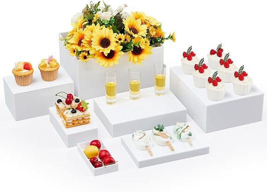 Leinuosen 7 Pcs Large Buffet Risers Set 6" to 12" Acrylic Display Box Catering Dessert Table Riser Food Display Decorative Stand with Hollow Bottom for Catering Supplies(White, Rectangle)