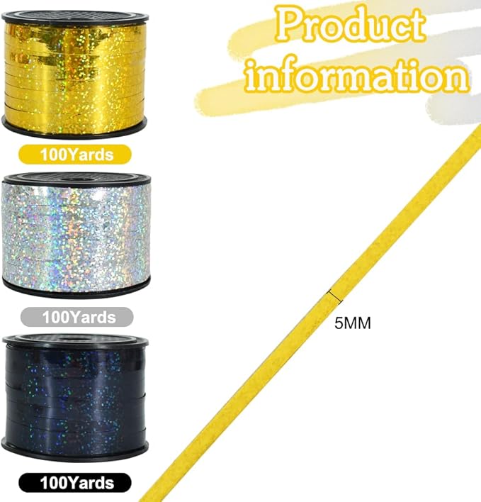 BEISHIDA 3 Pack 100 Yards Gold Silver Black Curling Crimped Glitter Ribbon Balloon String Shiny Metallic Gift Wrapping Ribbon Birthday Party Festival Art Craft Decor Florist Flowers Decoration