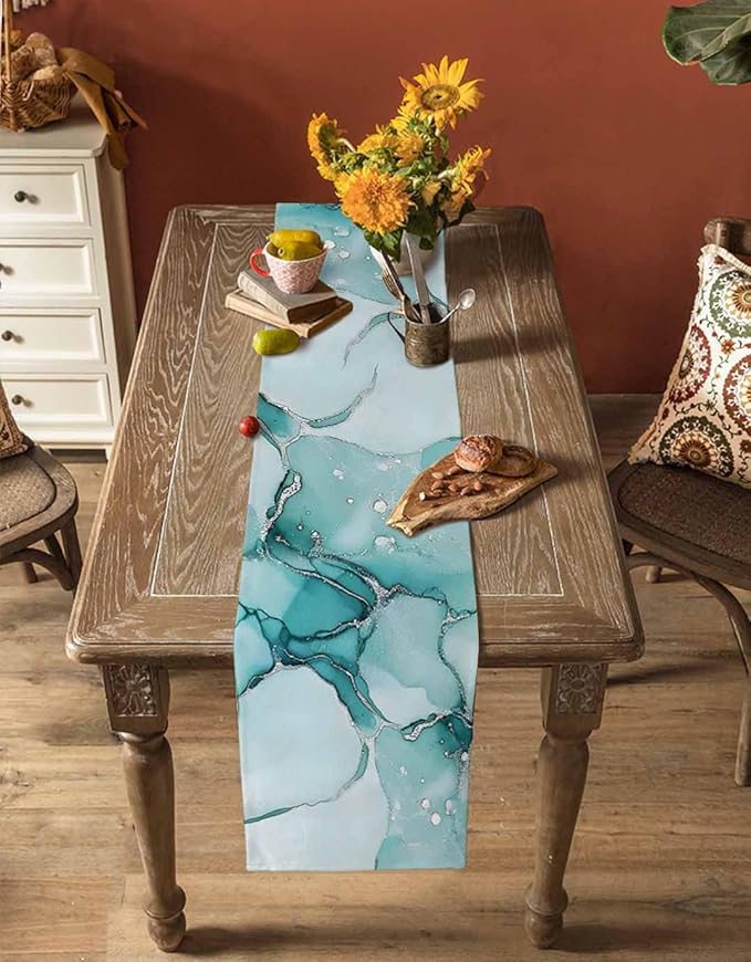 Turquoise Marble Cotton Linen Table Runner for Dining Kitchen, Wedding Outdoor Party Tablerunners Decoration, Nature Marble Crack Country Retro Dresser Scarf Coffee Tablecloth Runners 13x90 Inches