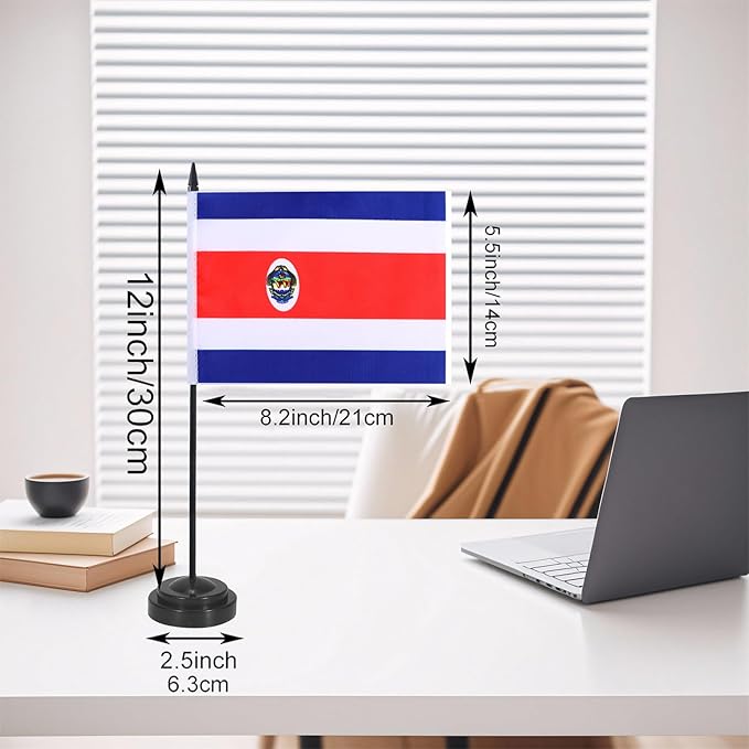 Costa Rica Desk Flag 12" Solid Pole Deluxe Set Costa Rican Flags Banner Mini Small Costa Rica Office Table Flags with Black Stand Base Desktop Decorations(2Pack)