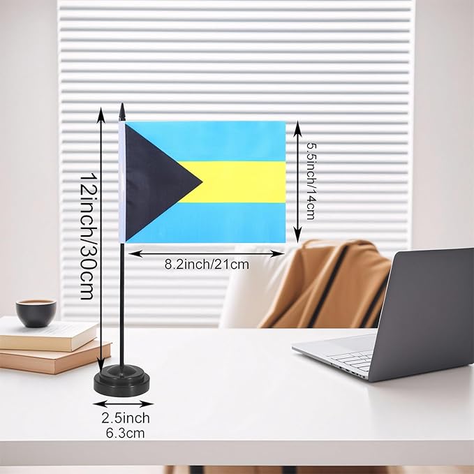 Bahamas Desk Flag 12" Solid Pole Deluxe Set Bahamian Flags Banner Mini Small Bahamas Office Table Flags with Black Stand Base Desktop Decorations(2Pack)