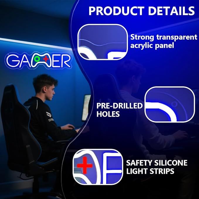 Gamer Neon Sign,Gamepad Shaped Dimmable LED Light Signs for Wall Art Decor,Gaming Backdrop for Game Room Bar Bedroom Club Party Man Cave,Game Gift for Boys Teen Men USB Powered（15.4"*4.1"）