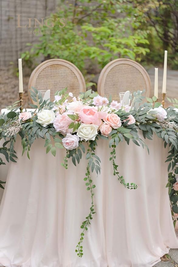 Ling's Moment 9FT Flower Garland for Backdrop Decorations - Wedding Arch Flowers, Eucalyptus & Rose, Artificial Floral Garland for Mantle - Sweetheart Table Decor for Ceremony Reception, French Pink