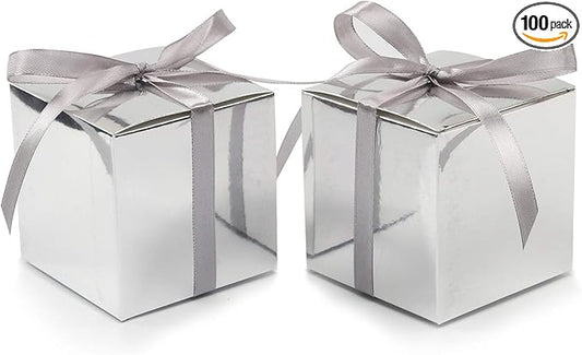COTOPHER 100pcs Small Gift Boxes, Favor Boxes 2x2x2 inches Paper Gift Boxes with Ribbons Candy Box for Wedding Favors Baby Shower Bridal Shower Birthday Party (100 Metallic Silver)