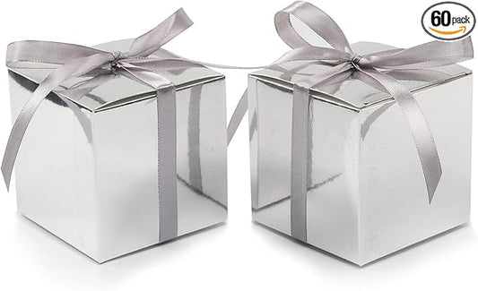 COTOPHER 60pcs Wedding Favor Boxes, Paper Gift Boxes 3x3x3 Inches Small Gift Boxes with Ribbons Small Boxes for Gifts, Crafting, Cupcake, Candy, Bridesmaid Proposal Boxes (Metallic Silver)
