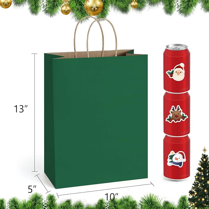 BagDream Forest Green Paper Bags with Handles Bulk 10x5x13 Inch 100Pcs Large Kraft Paper Gift Bags for Christmas, Thanksgiving, Outings, Craft, Retail, Grocery, Shopping, Recyclable