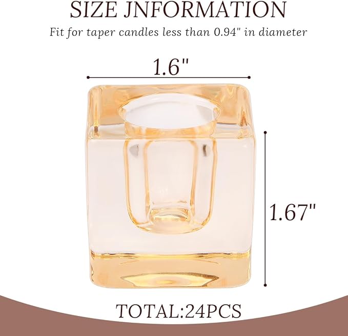 24-Pack Candlestick Holders Bulk - Thick Glass, Amber Taper Candle Holders for Wedding Banquet, Anniversaries
