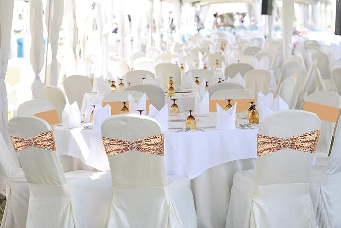 10 Pcs Sequin Chair Sashes Stretch Chair Bands Spandex Polyester Bows for Party Hotel Wedding Banquets Decoration - Rose Gold