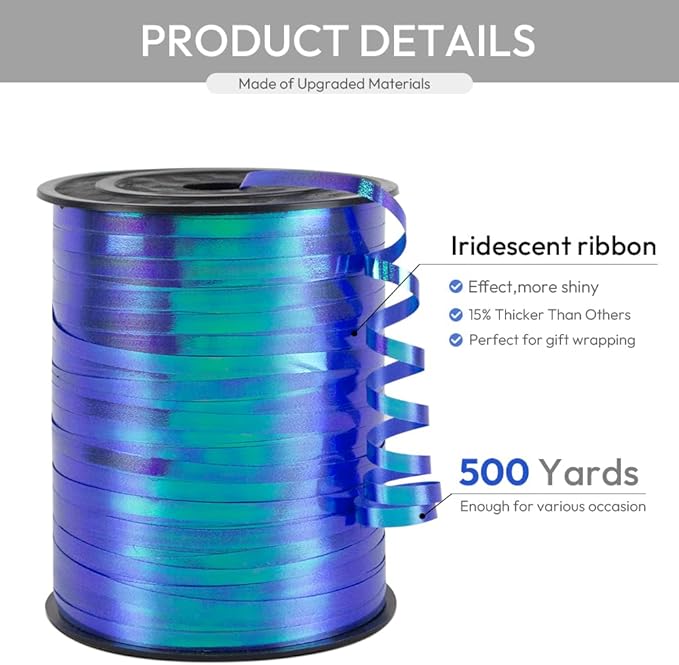 KMER LIFE Blue Gradient Curling Ribbon, 1/5" Wide x 500 Yards Christmas Curling Ribbons for Gift Wrapping, Party Decoration, Balloon String, Crafting, Balloon Ribbons for Florist Flower (1 Roll)