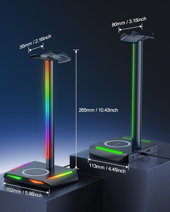 New bee RGB Headphone Stand with 2 USB-C & 1 USB Charging Ports, Desk Gaming Headset Holder with 7 Light Modes and Non-Slip Rubber Base Suitable for All Earphone Accessories