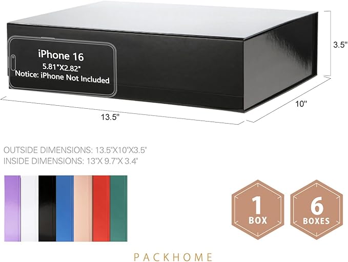 PACKHOME Large Gift Box 13.5x10x3.5 Inches, Sturdy Shirt Box with Magnetic Lid for Multiple Occasions (Glossy Black)
