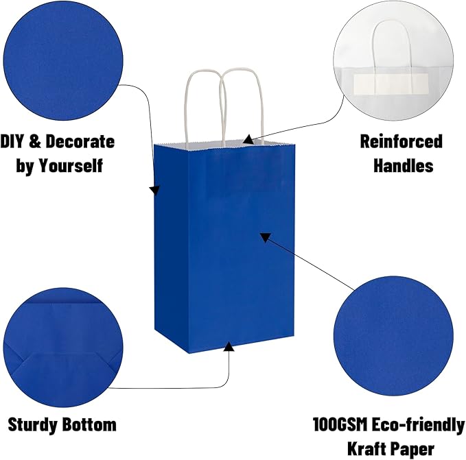 50 Pack 5.25x3.25x8.25 Inch Small Royal Blue Kraft Paper Bags with Handles Bulk, Toovip Gift Wrap Bags for Favors Grocery Retail Party Birthday Shopping Business Goody Craft Merchandise Take Out Sacks