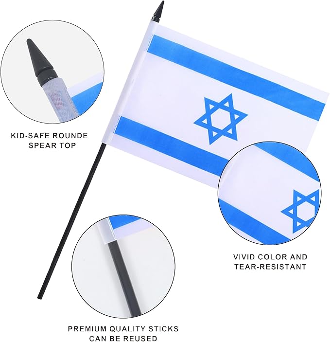 Israel Desk Flag 12" Solid Pole Deluxe Set Israeli Flags Banner Mini Small Israel Office Table Flags with Black Stand Base Desktop Decorations(2Pack)