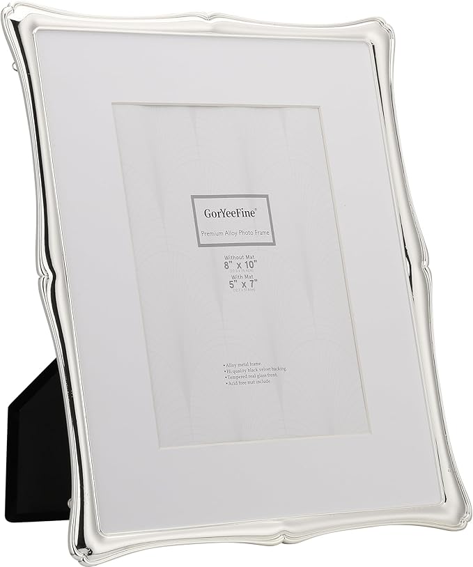 8 x 10'' Premium Alloy Silver Photo Frame with 5x7'' Mat - Luxury Hi End Display Picture Frames 5x7'' with Black Velevt Back